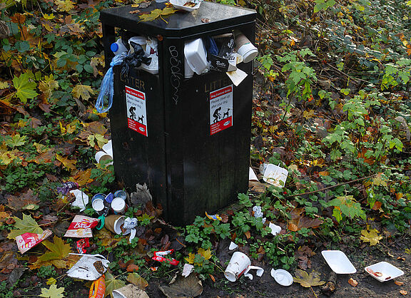 Müll im Park Mülltonne voll