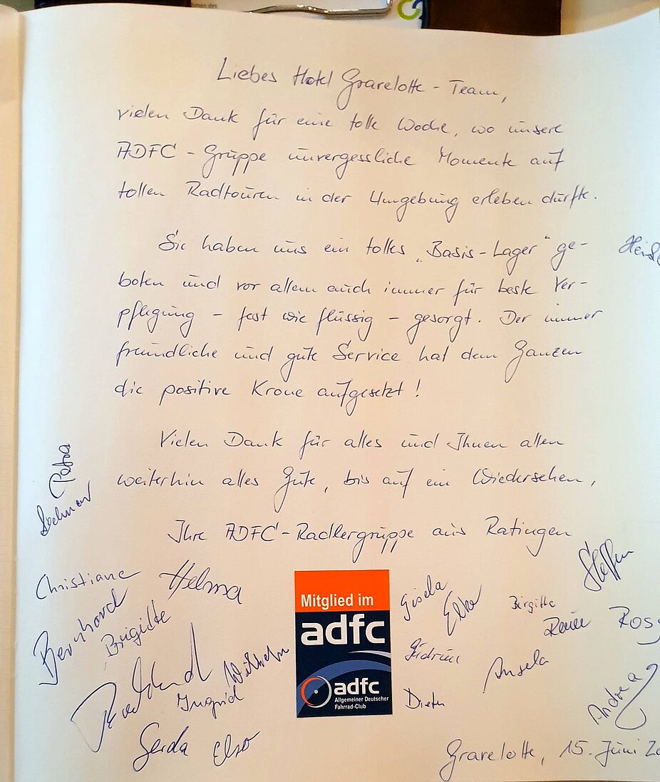 Unsere Widmung im Gästebuch des Hotels Gravelotte Unsere Widmung im Gästebuch des Hotels Gravelotte