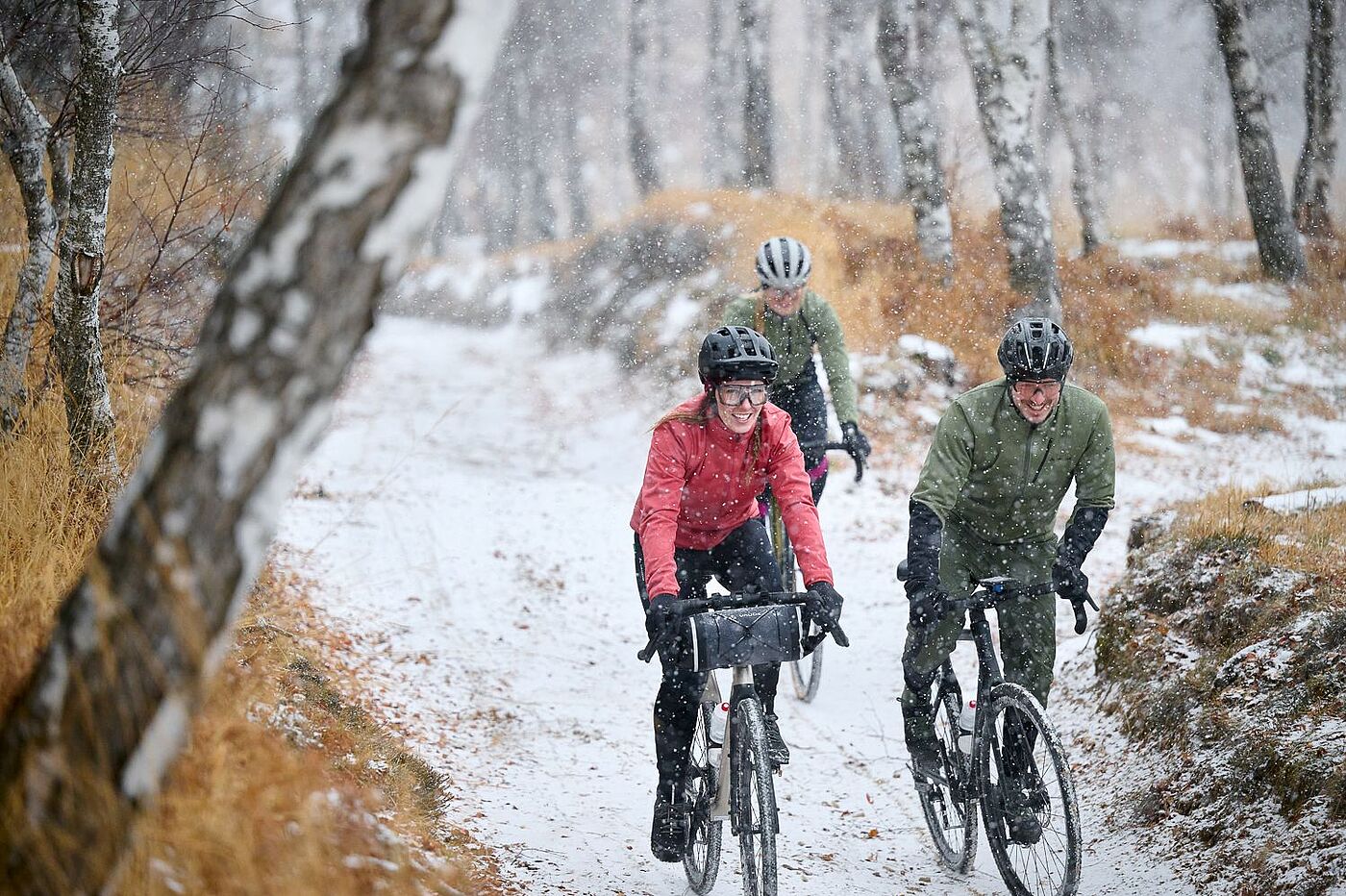 Wintertour im Wald Eine Frau und zwei Männer fahren im verschneiten Wald.