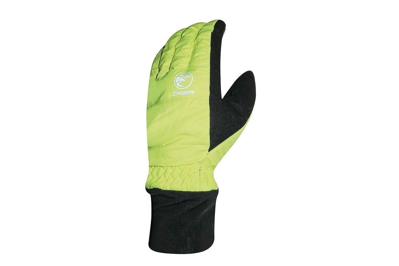 Cityliner gelb Gelber, wattierter Winterhandschuh mit langem Bündchen vor weißem Hintergrund.