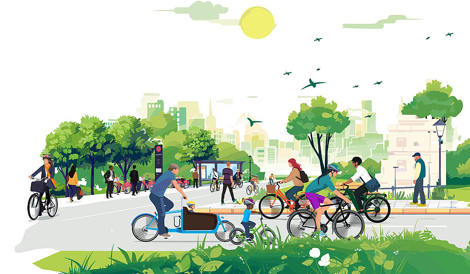 Titelgrafik zur Studie des Fraunhofer ISI zum Potenzial des Radverkehrs für Klimaschutz und Lebensqualität Graphische Ansicht einer fahrradfreundlichen Straße mit viel Grün und vielen Menschen auf unterschiedlichen Rädern.