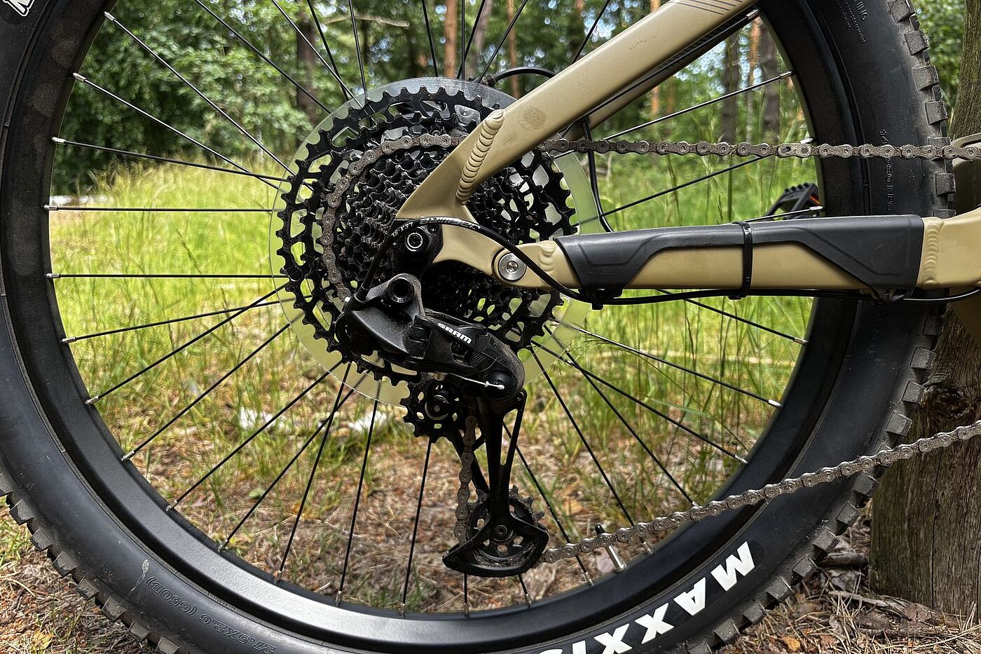 Schaltung Hinterer Teil eines MTB mit Schaltung, Motor und Hinterrad.