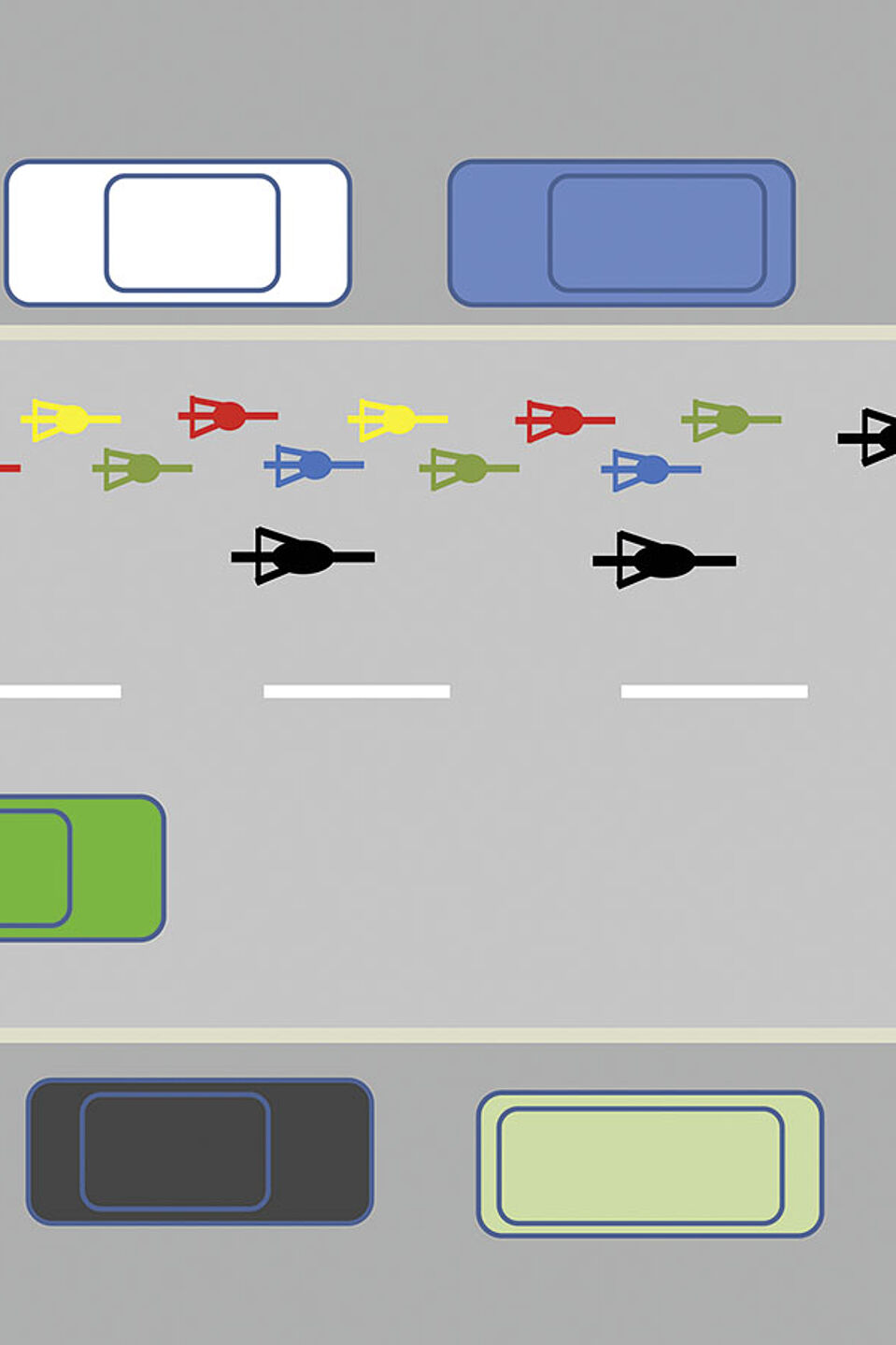 Skizze BiciBus Die Skizze zeigt, wie Kinder auf der Straße mit dem Radfahren und von Erwachsenen begleitet und vor dem Autoverkehr geschützt werden.
