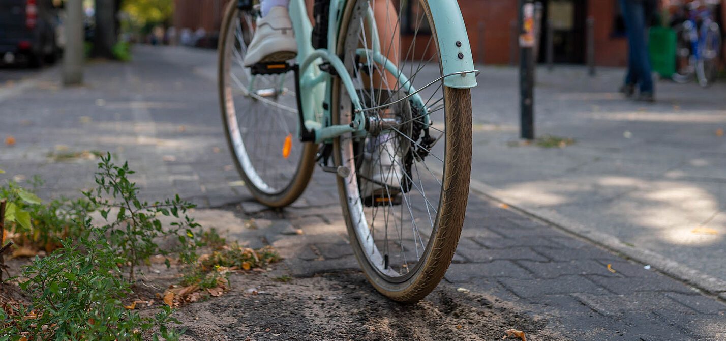 Fahrrad auf Radweg mit Hindernissen.